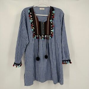 Womens Dress‎ Size XL Boho Stripe Tassel Pom Pom Embroidered Festival Tunic Top